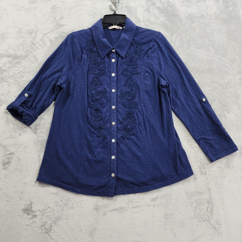Soft Surroundings Shirt Womens PXL PETITES Blue Stripe Embroidered Sevilla Tunic